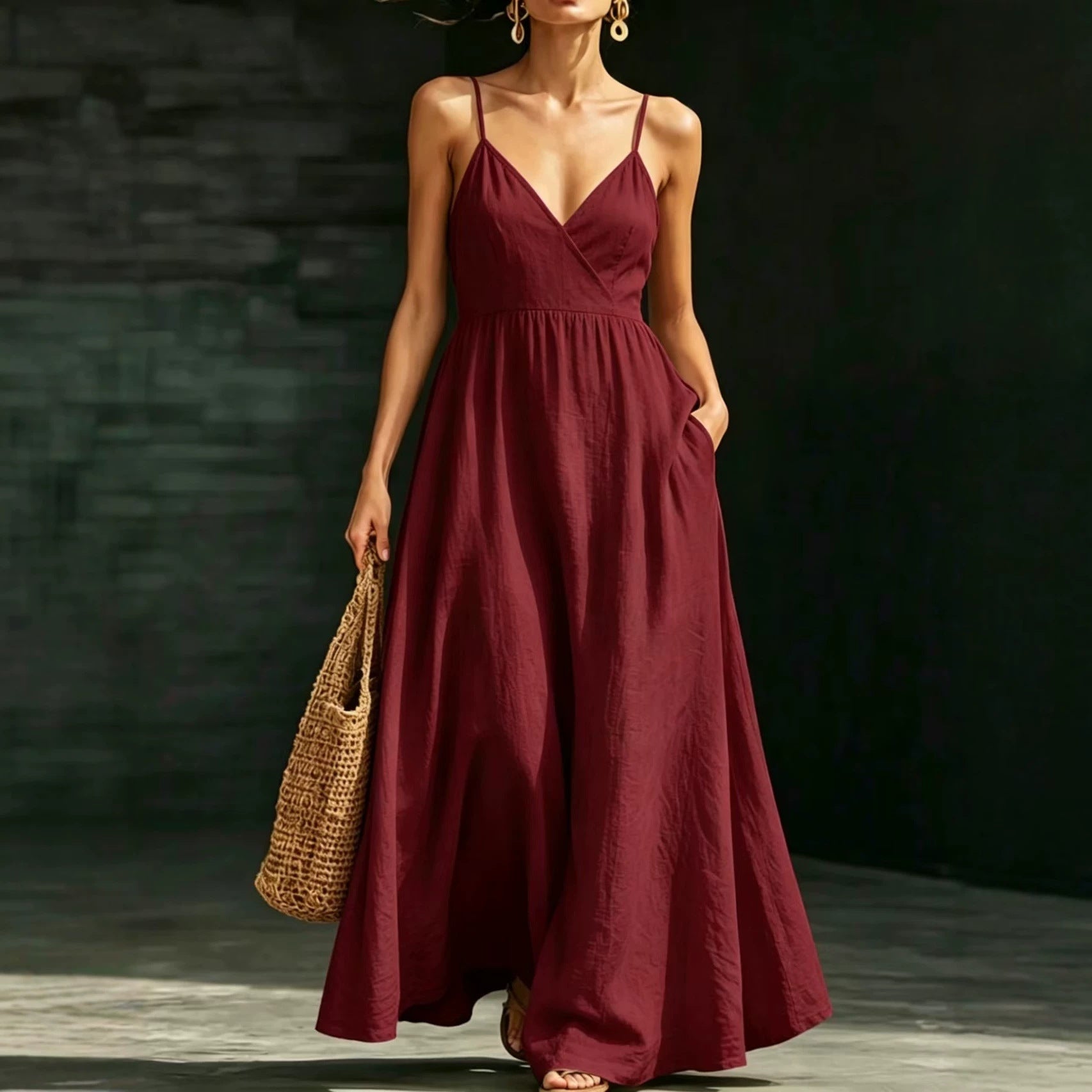 Amanda V-Neck Backless Strap Pocket Elegant Long Strap Dress
