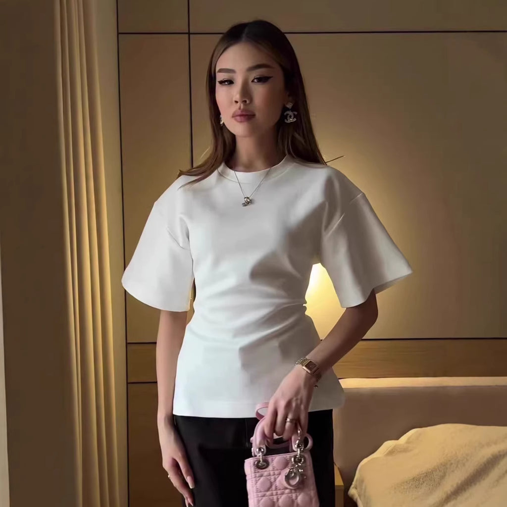 Chic Solid Color Round Neck Casual Fitted Slimming Cotton T-Shirt for Women