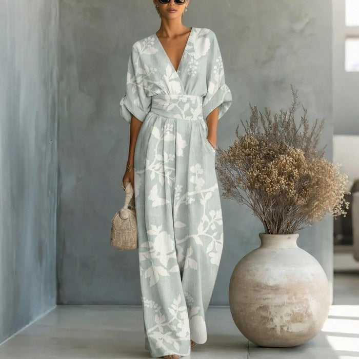 Elegant waist cinched V-neck printed women's jumpsuit