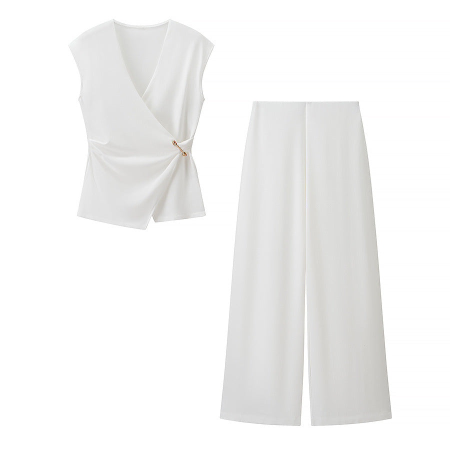 Pin texture sleeveless top+pants set