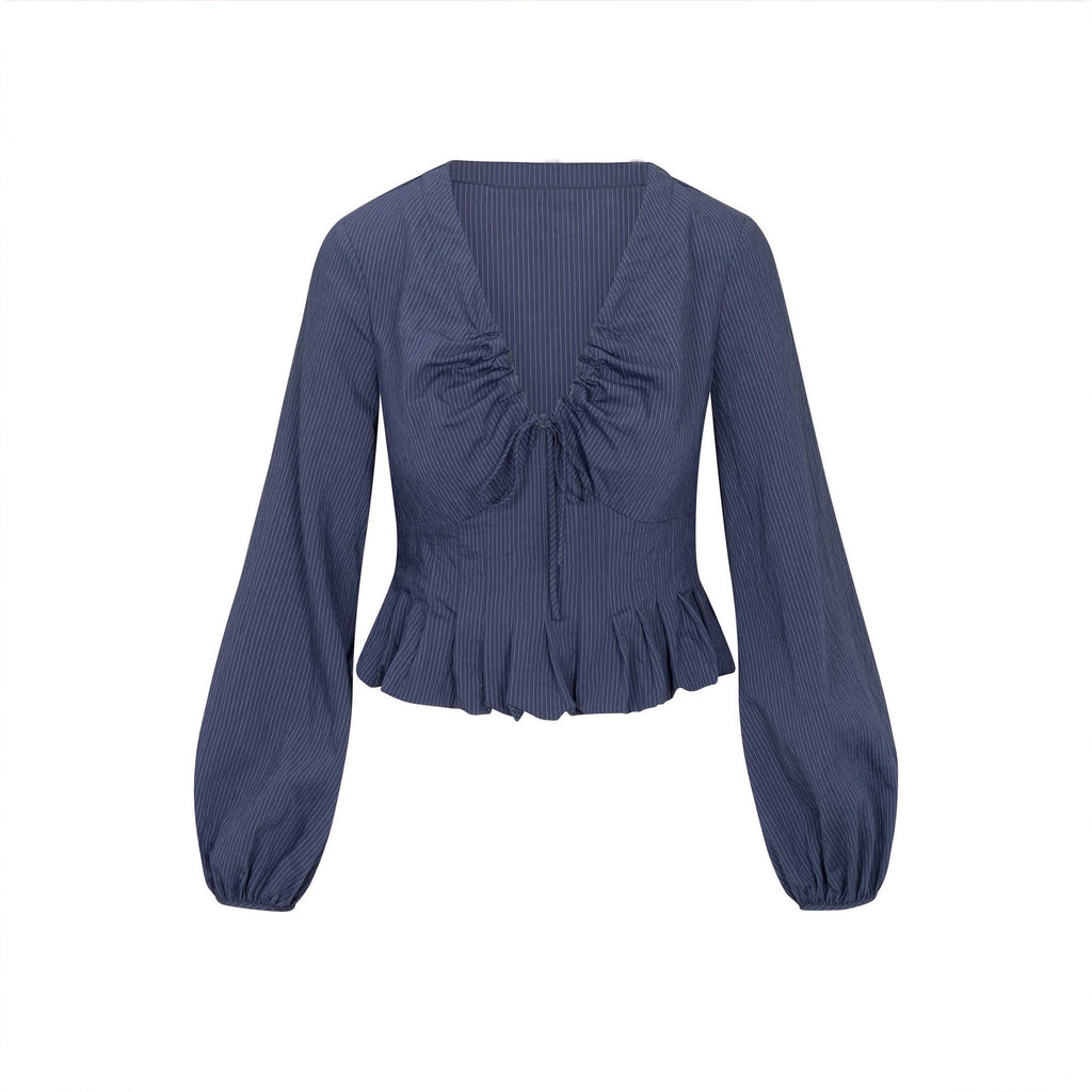 V-neck drawstring ruffle side length sleeve top