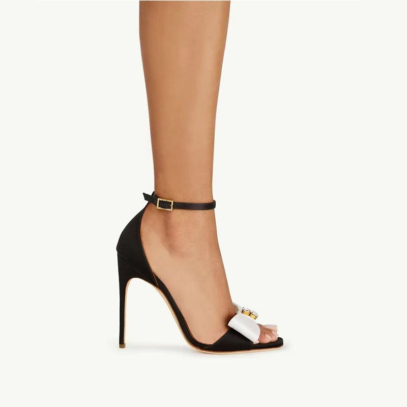 Round Toe Open Toe Slim High Heels Bow Knot Rhinestone Sandals