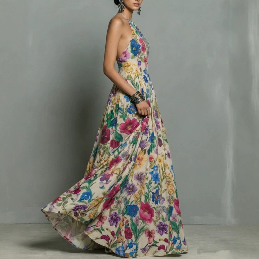Summer New Plant Floral Print Strapless Dress, Off-shoulder Slim Fit Flowy Maxi Skirt