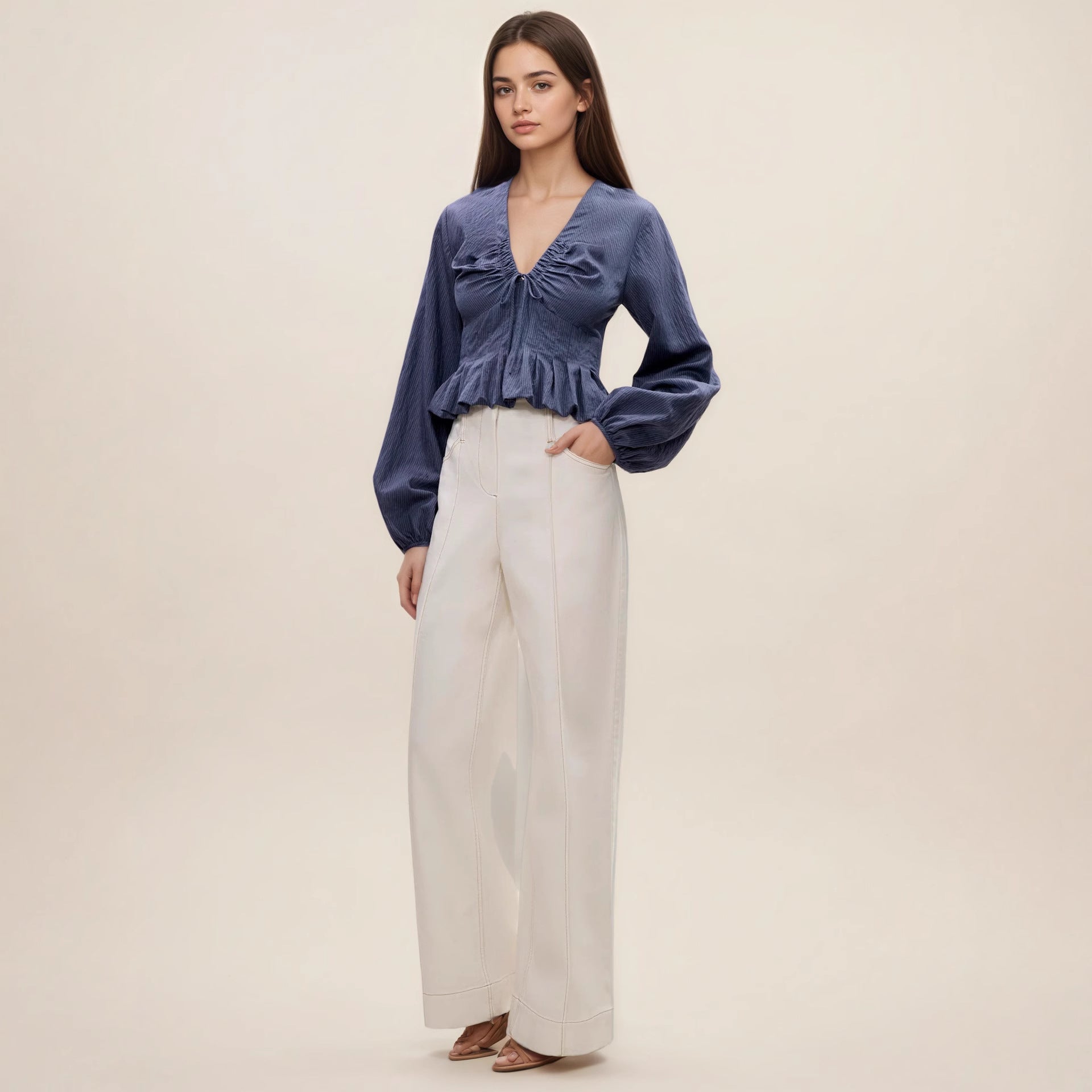 V-neck drawstring ruffle side length sleeve top
