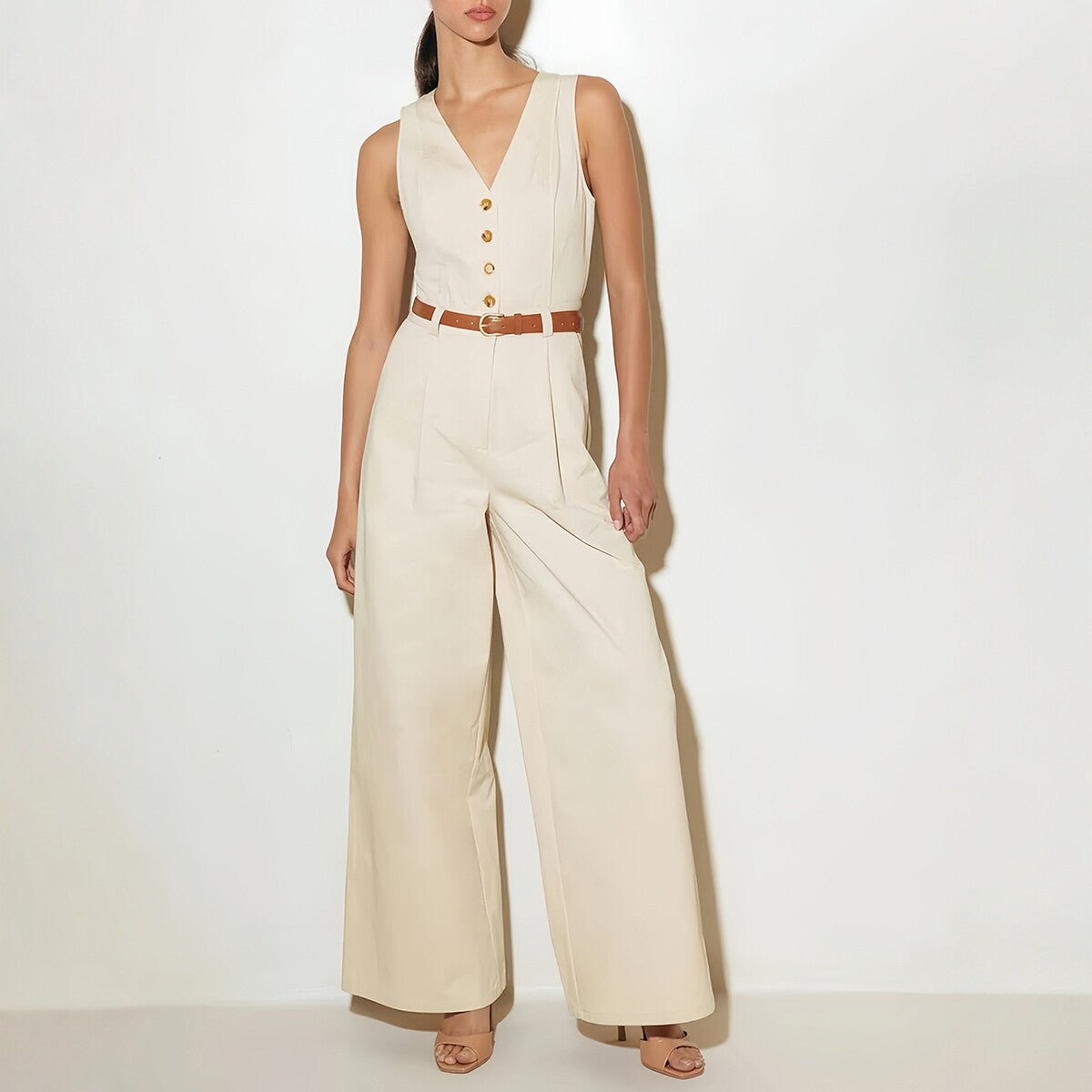 V-Neck Sleeveless High-Waisted Wide-Leg Jumpsuit