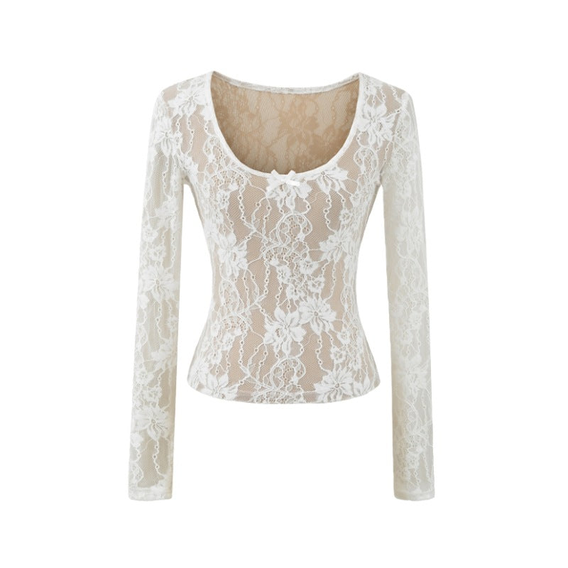 Lace Bow Embroidered Long Sleeve T-Shirt for Women