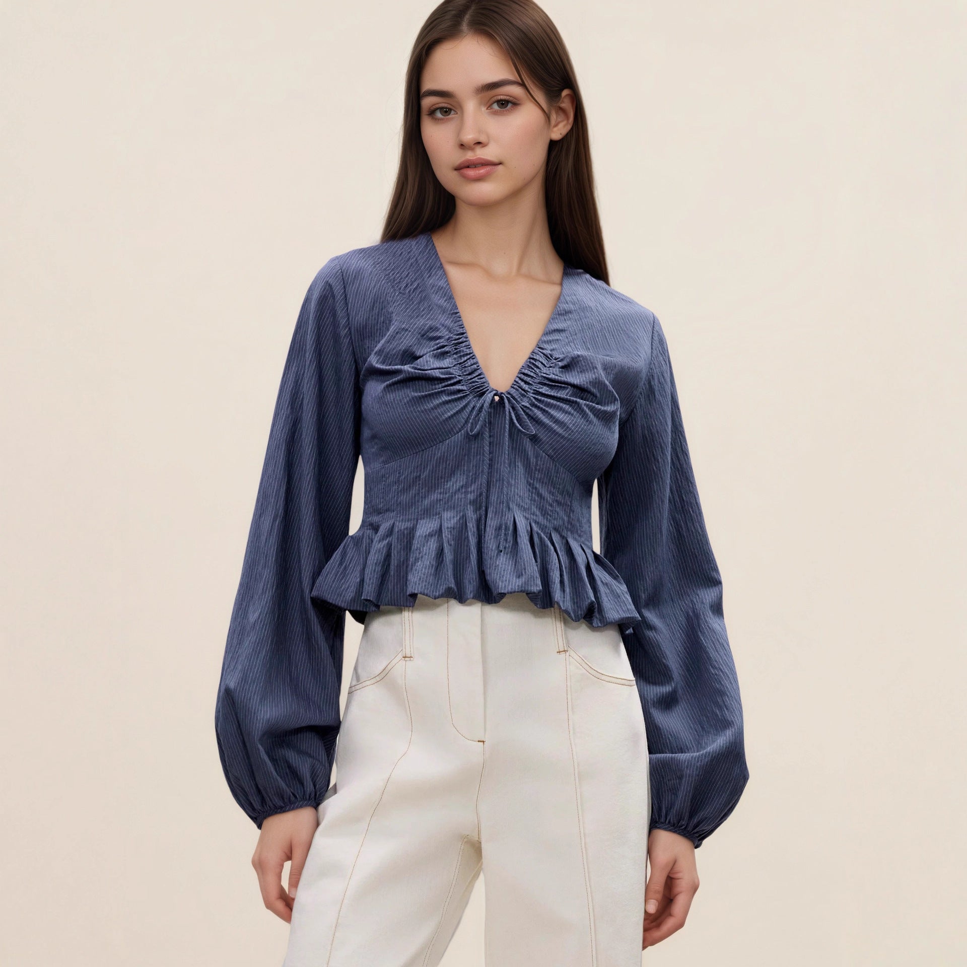 V-neck drawstring ruffle side length sleeve top