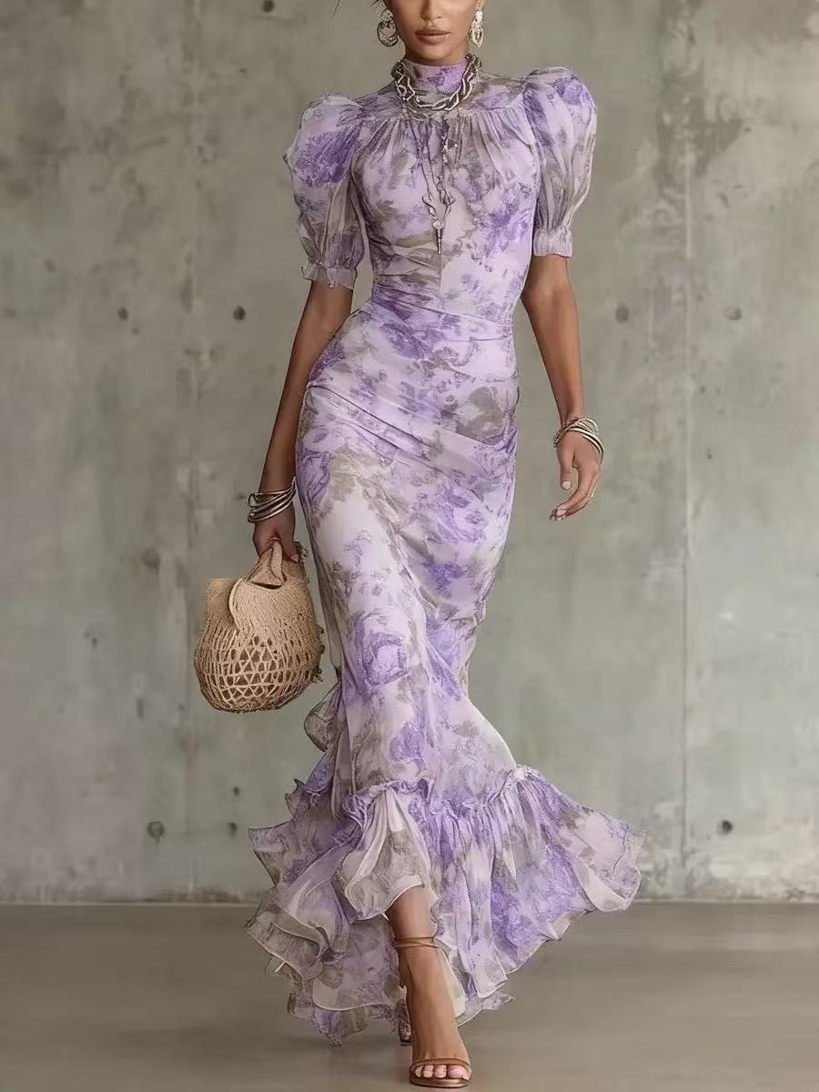 Bubble sleeve printed slim fit long skirt