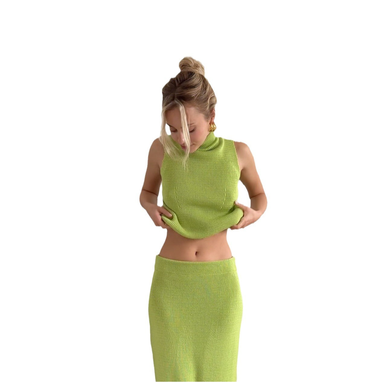 Sleeveless High Neck Knit Vest with Bodycon Long Skirt
