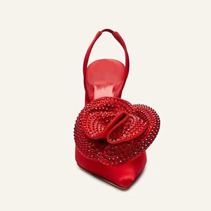 Pointed toe stiletto ultra high heel hollow rose rhinestone satin sandals for women