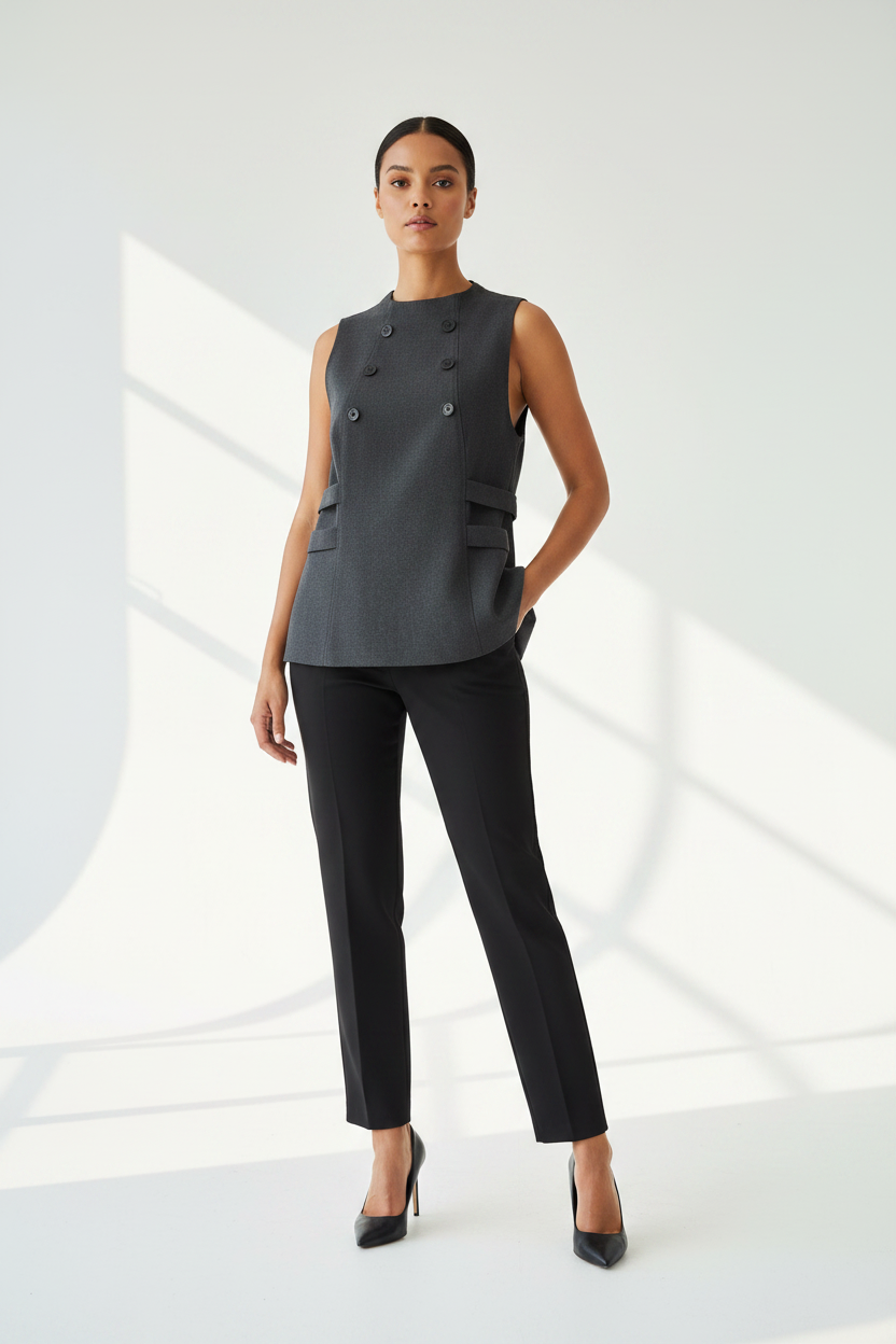 Sleeveless High Neck Buttoned Top