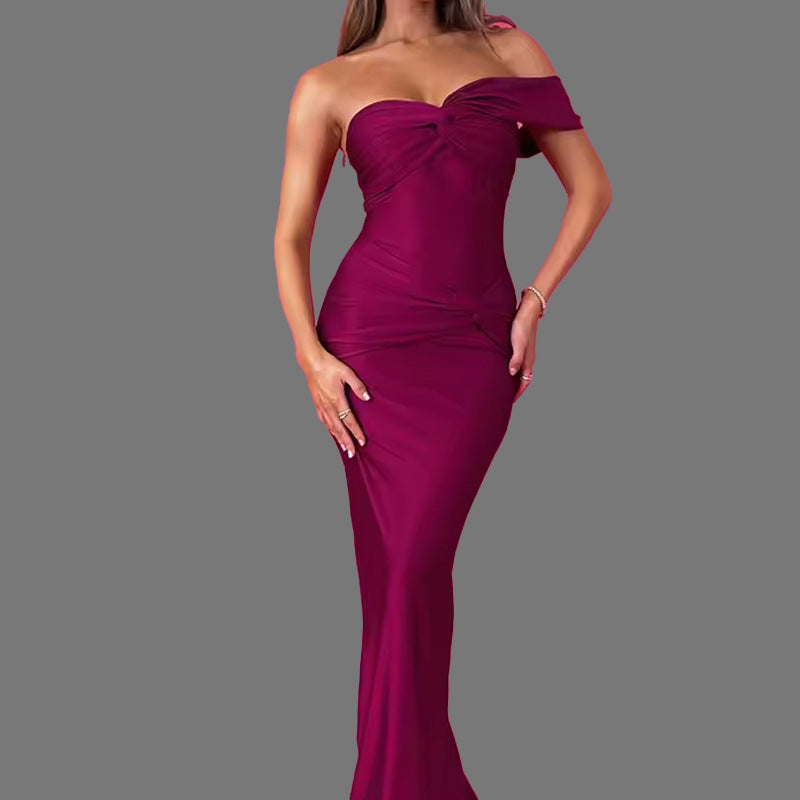 Sexy Elegant Strapless Solid Color Panel Fitted Bodycon Long Dress