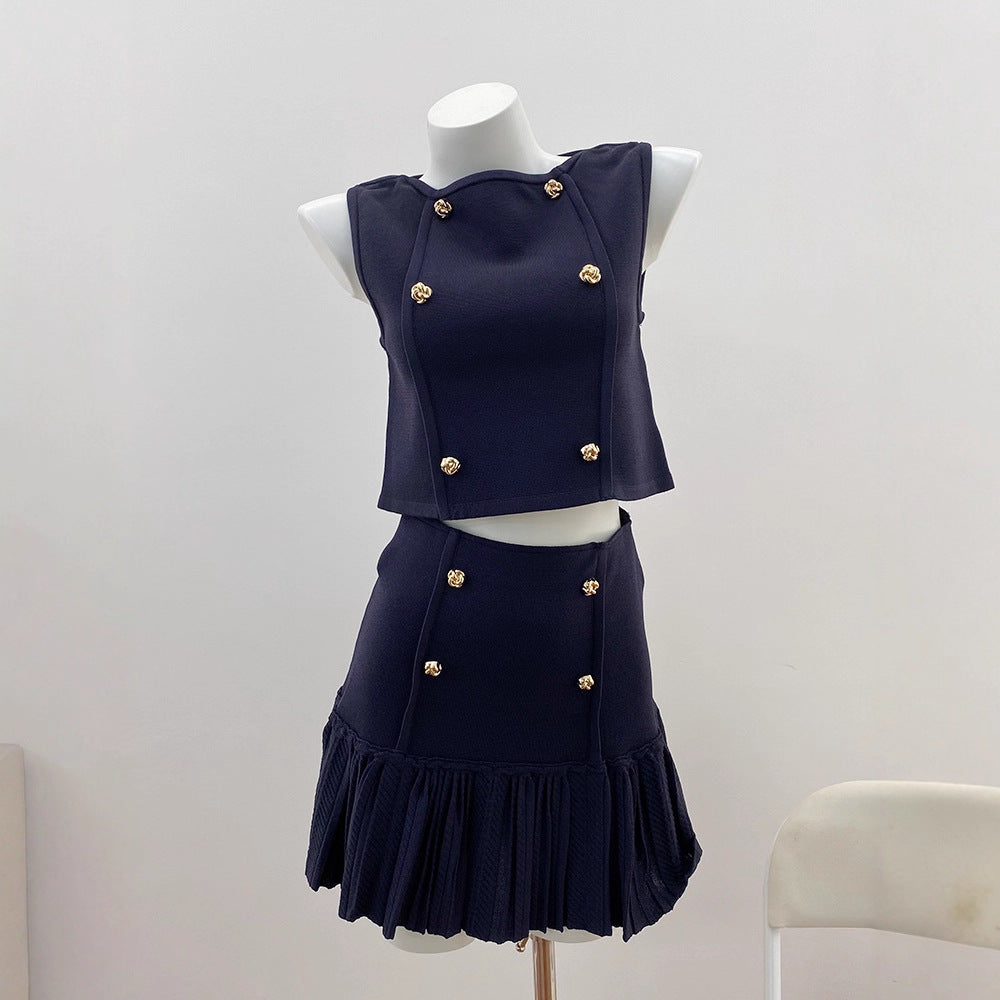 Chic Rose Gold Buckle Loose Noble Lady Style Vest Top + Skirt Set