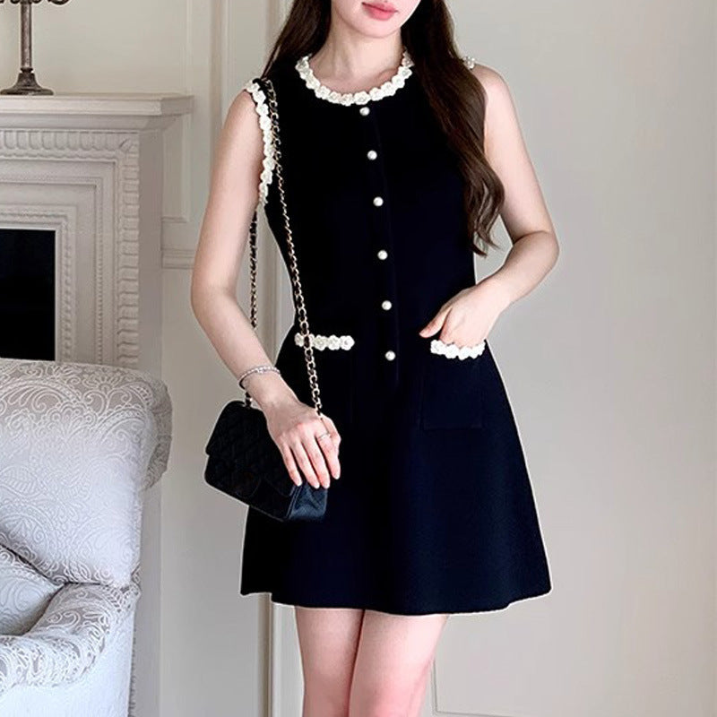 Floral Beaded Dress, Round Neck Sleeveless Mini Dress, Waist-Cinching A-Line Slim Fit Dress