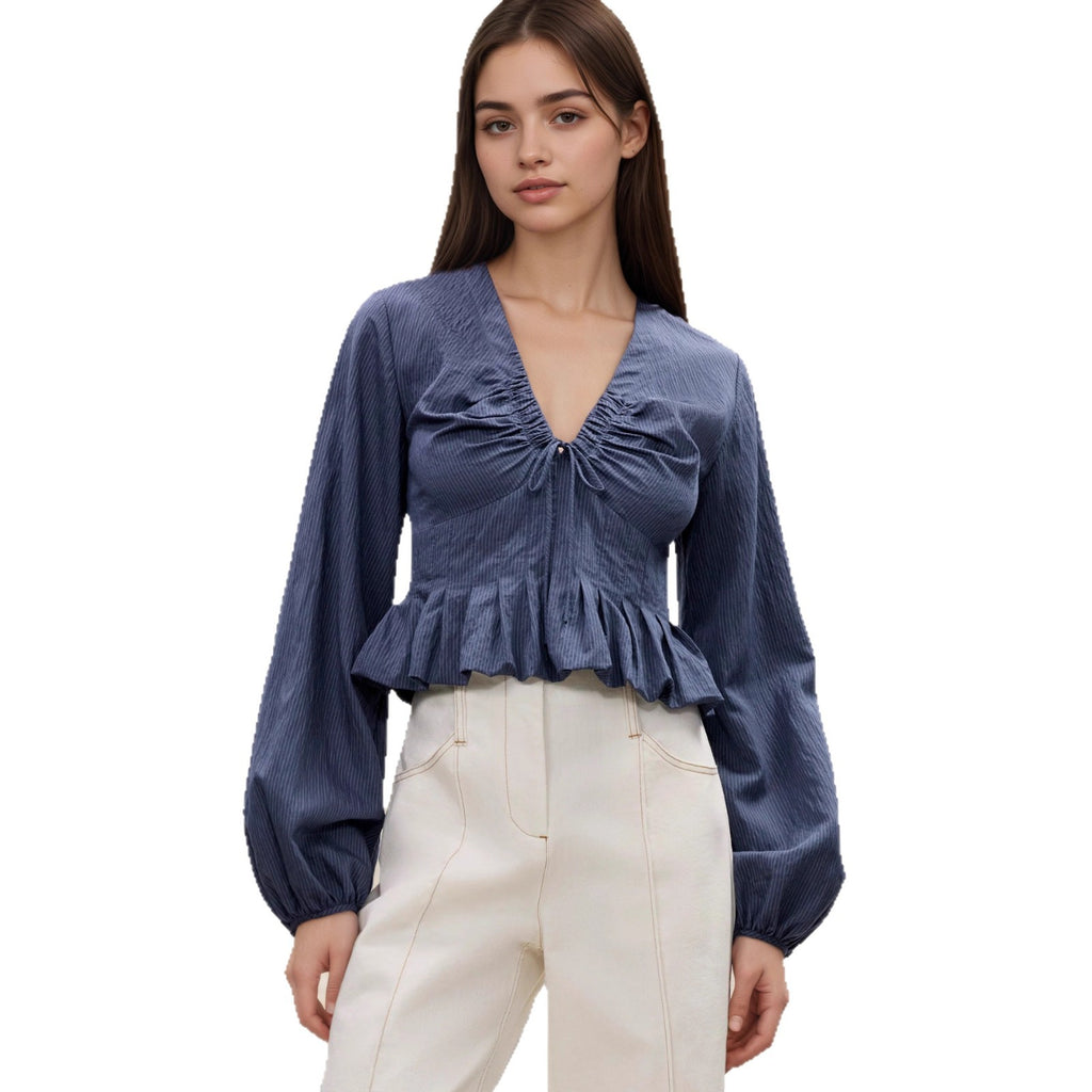 V-neck drawstring ruffle side length sleeve top