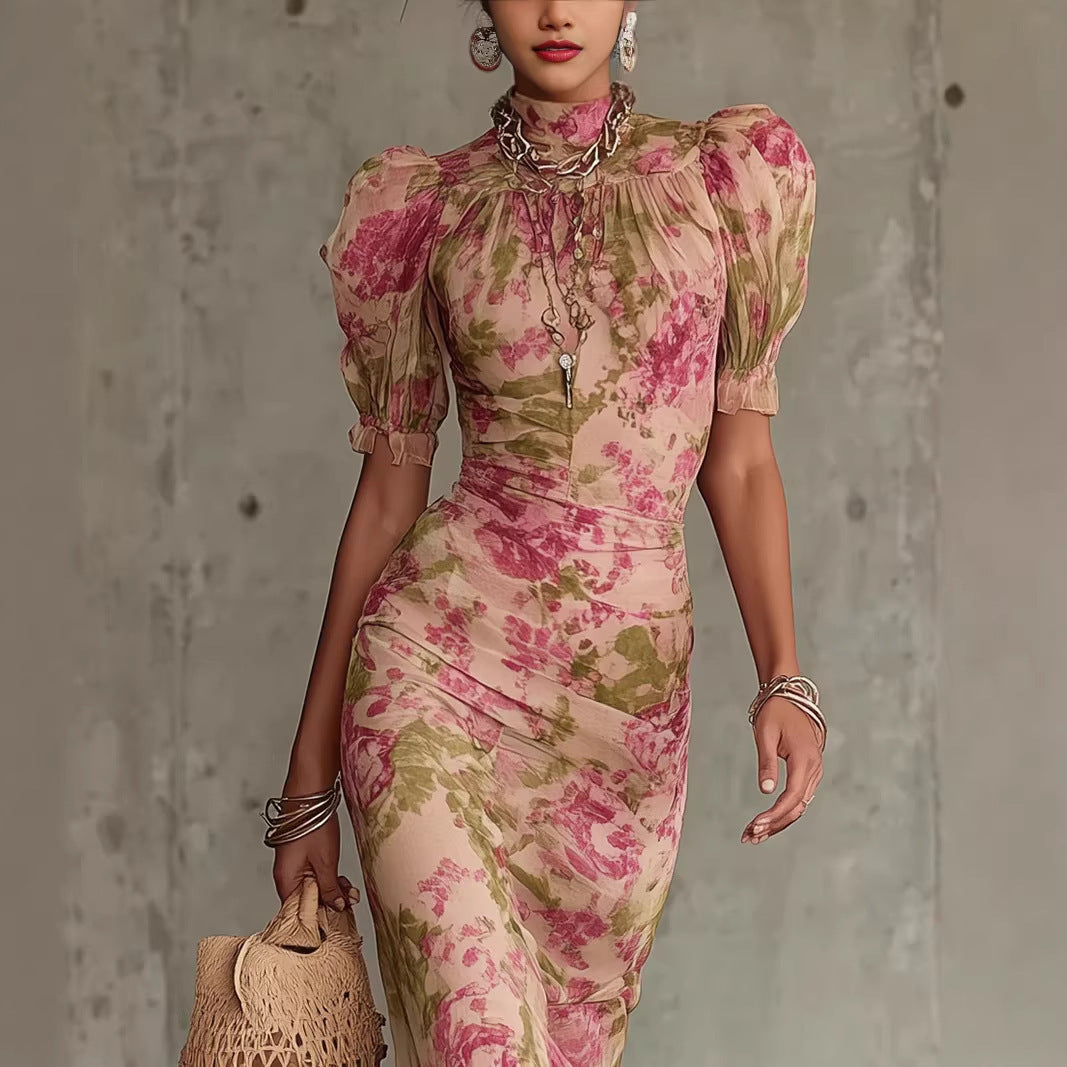 Bubble sleeve printed slim fit long skirt