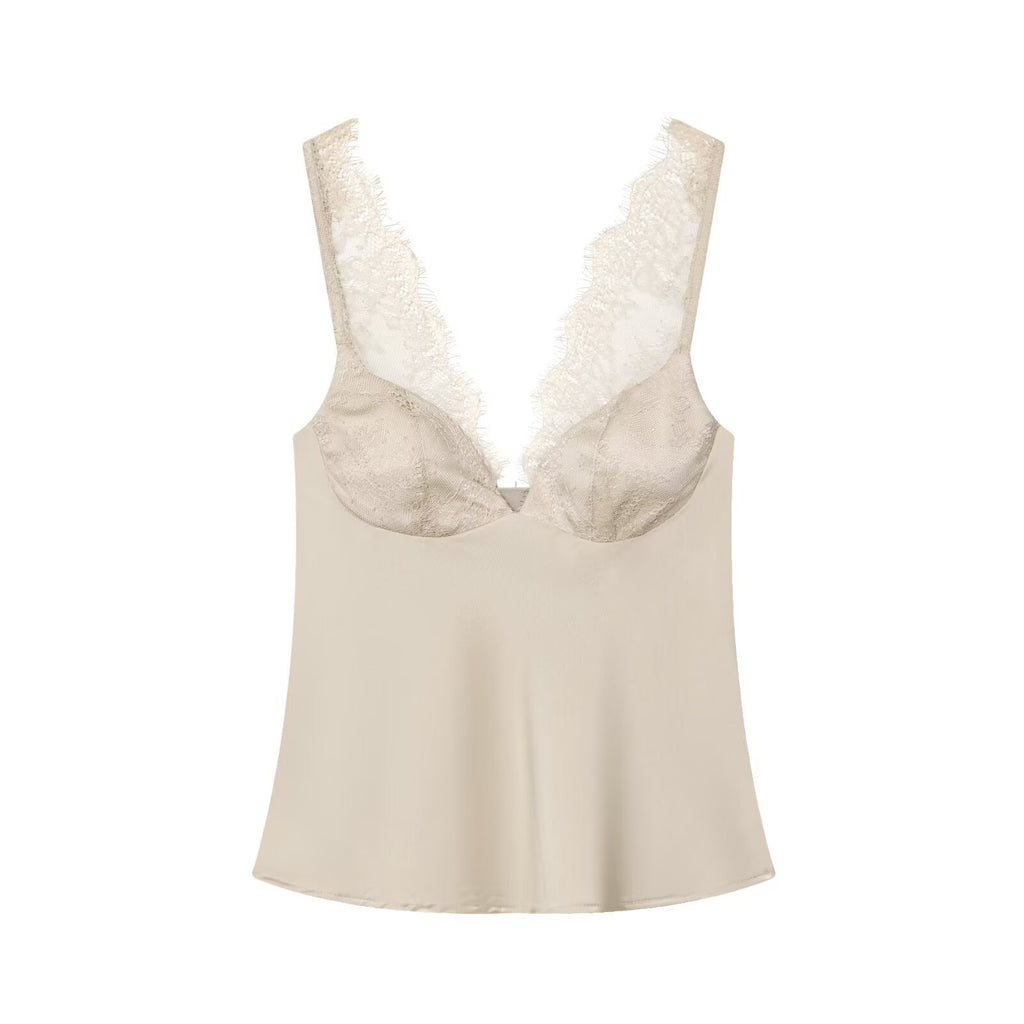 Lace satin texture vest top with chest cushion