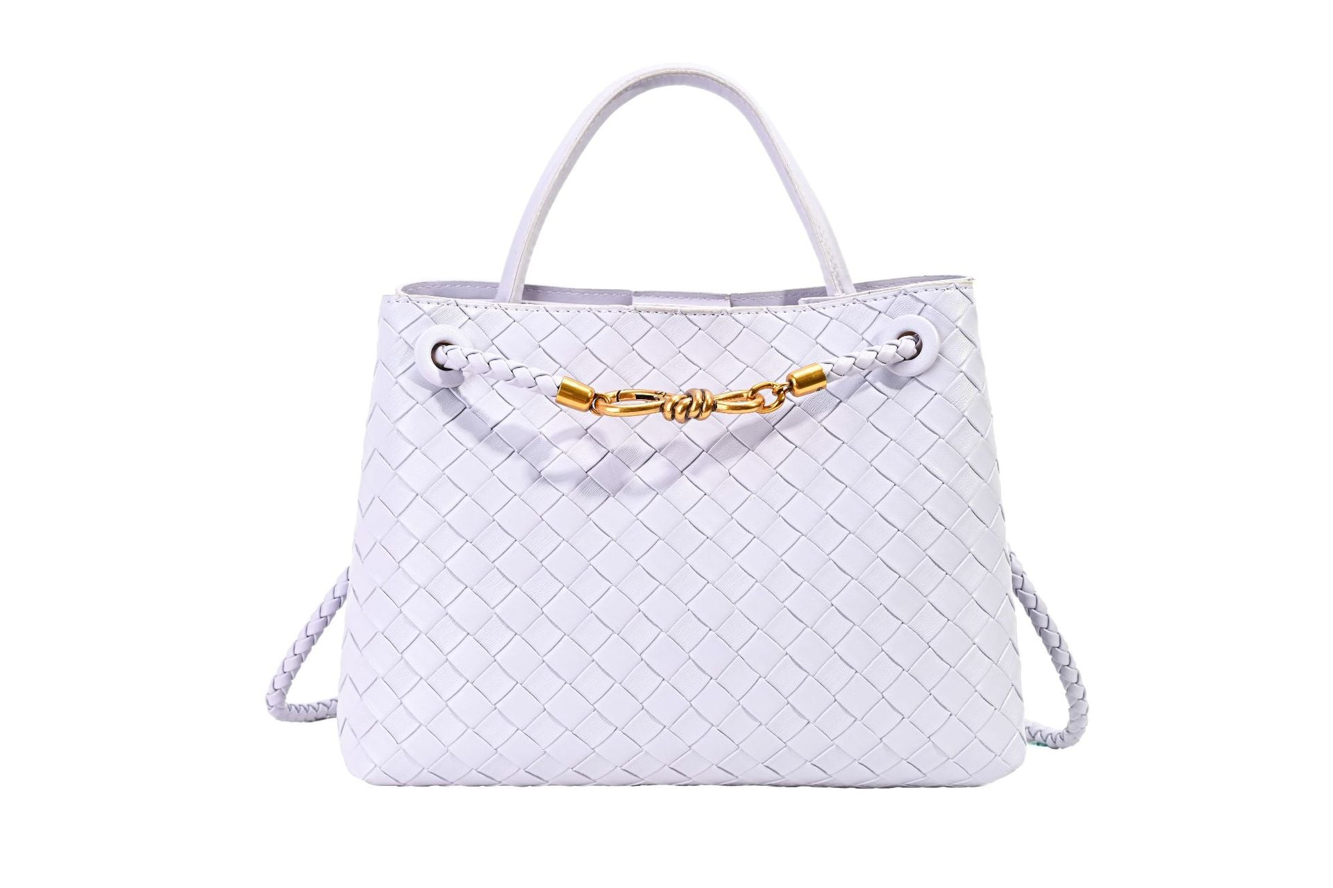 Metal rope buckle woven shoulder bag, fashionable, versatile, retro, commuter bag for women.
