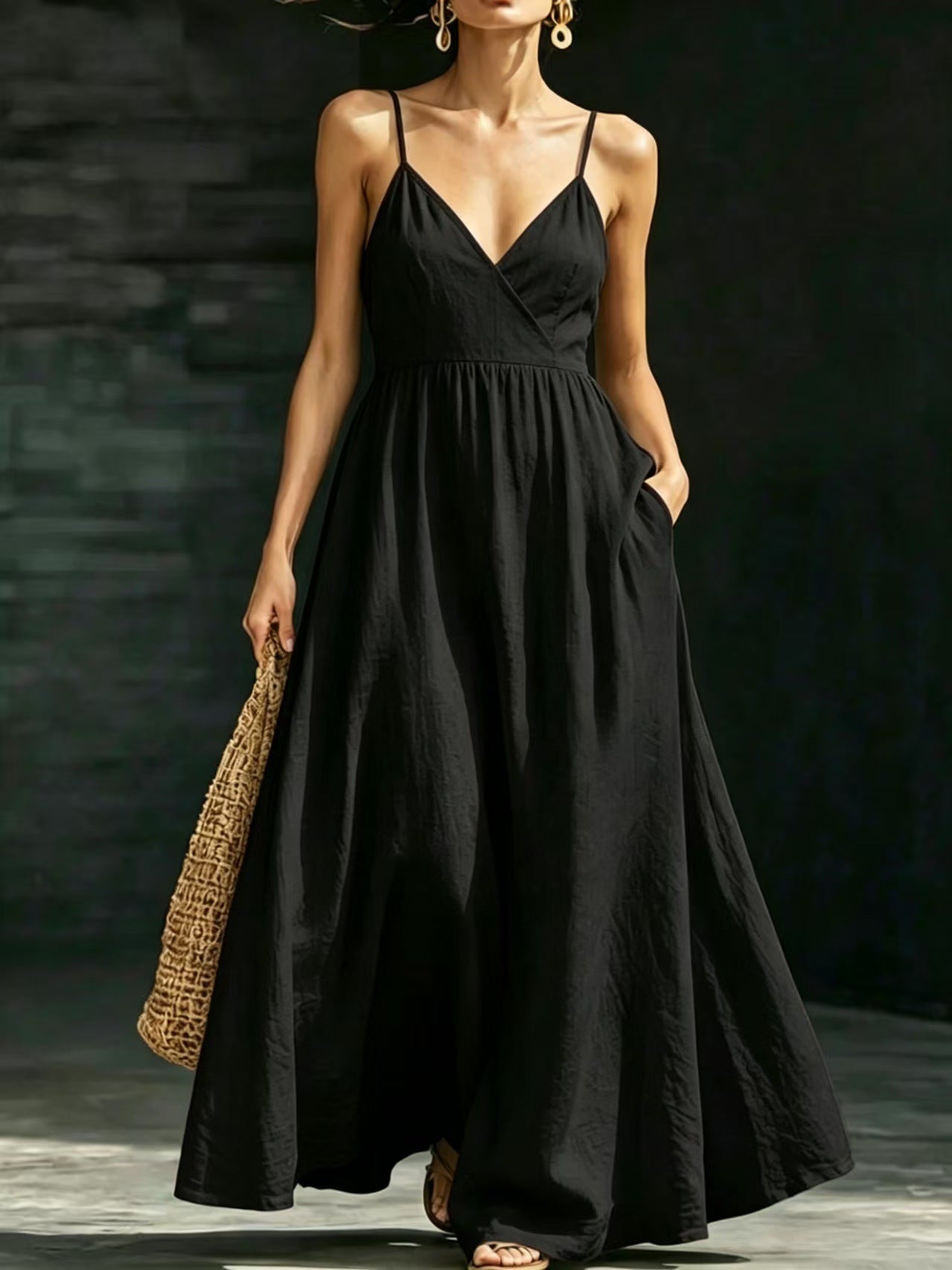 Amanda V-Neck Backless Strap Pocket Elegant Long Strap Dress
