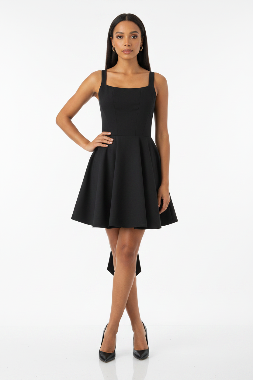 Bella Bow-Back Flared Skater Mini Dress in Classic Black