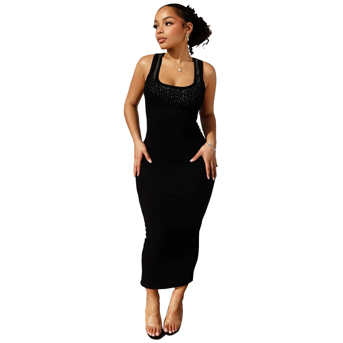 Butt hugging square neck hot pressed diamond sleeveless dress for women