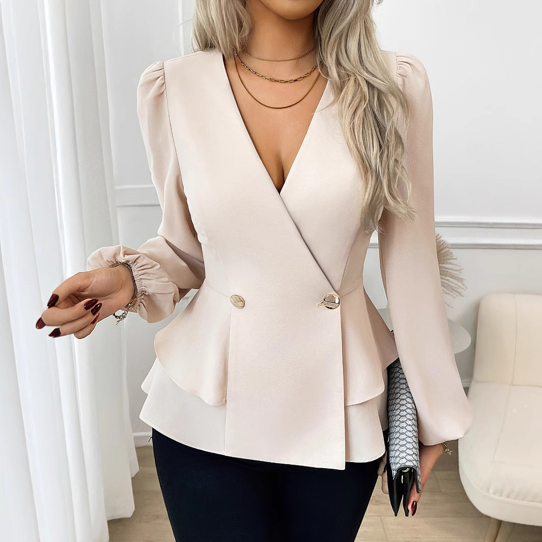 Cross neck lotus leaf hem solid color long sleeved top