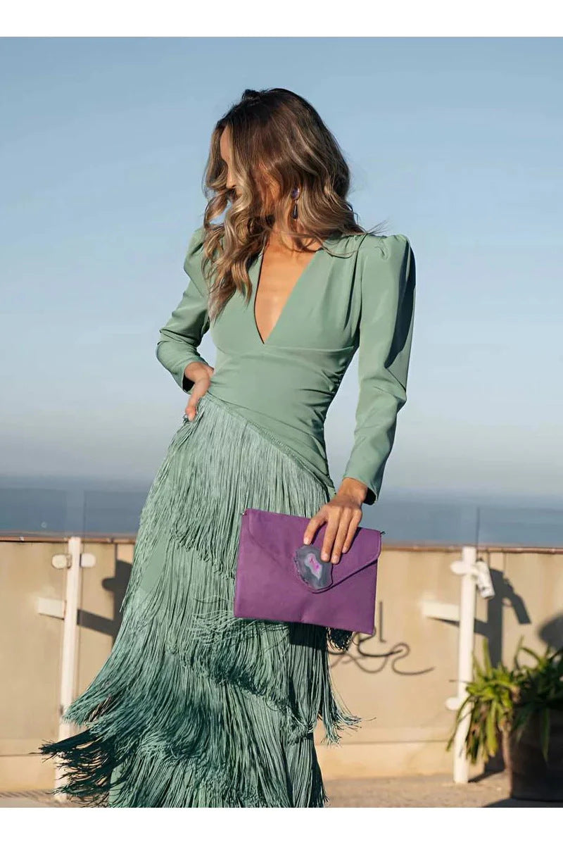 Deep V-fringe slim fit pants set