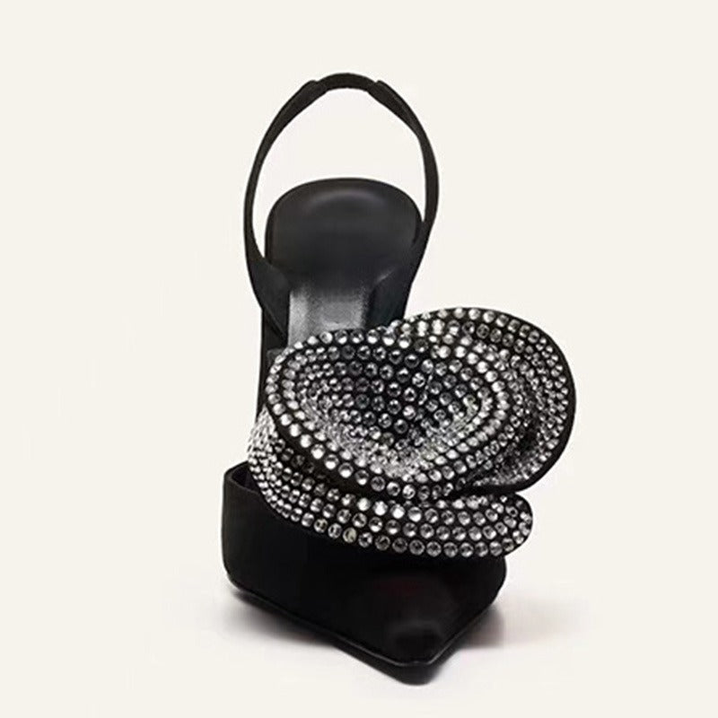 Pointed toe stiletto ultra high heel hollow rose rhinestone satin sandals for women