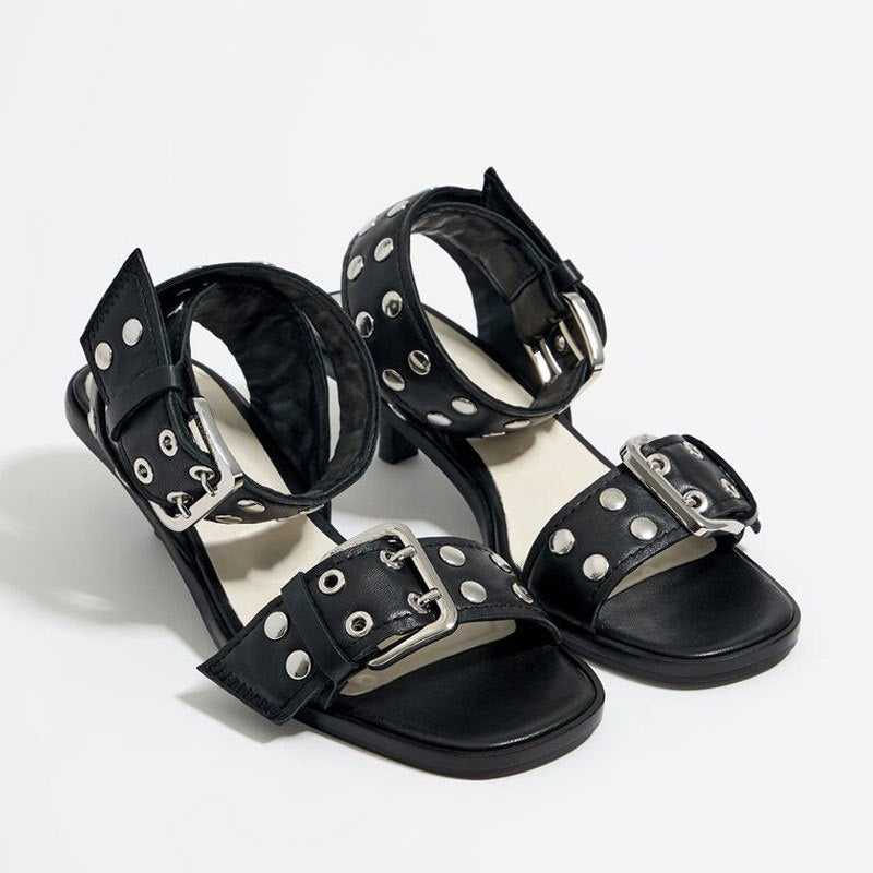 stiletto mid-heel wide rivet strap sandals