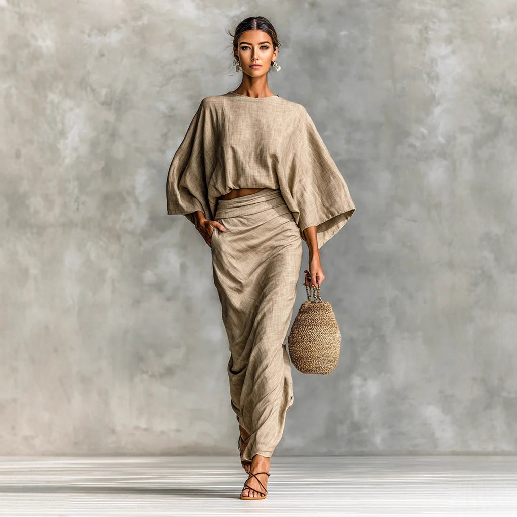 Casual Cotton Linen Women's Outfit Set Autumn Winter Batwing Sleeve Top with Pockets and Back Slit Long Dress