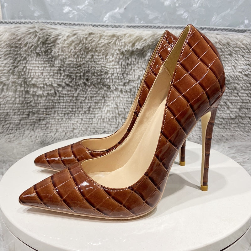 Chestnut Glossy Croc Pointed Heels  Sexy 8 10 12cm