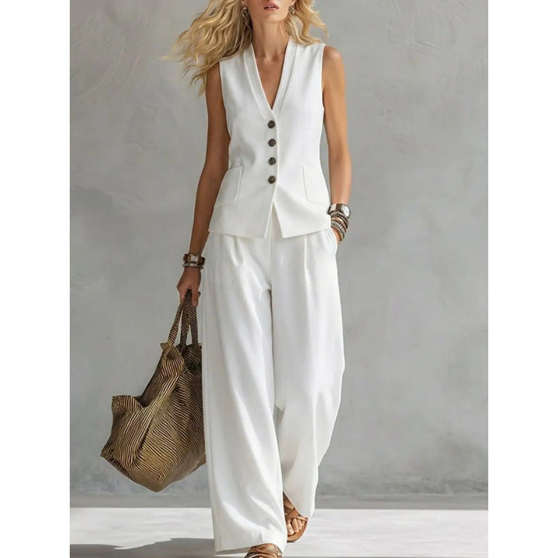 Solid color sleeveless casual linen vest and pants set