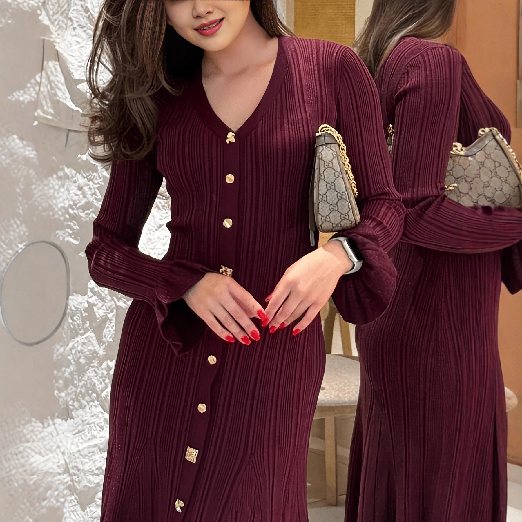 French elegant crewneck dress, slim fit, knitted women's dress