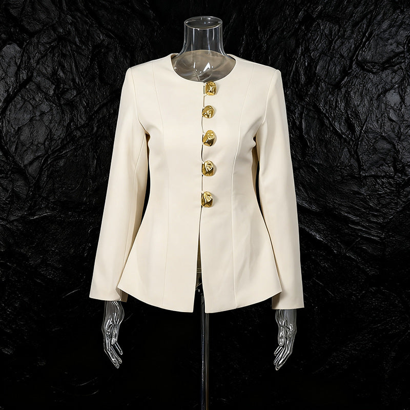 Round neck single row metal buckle short top+micro flared pants two-piece set