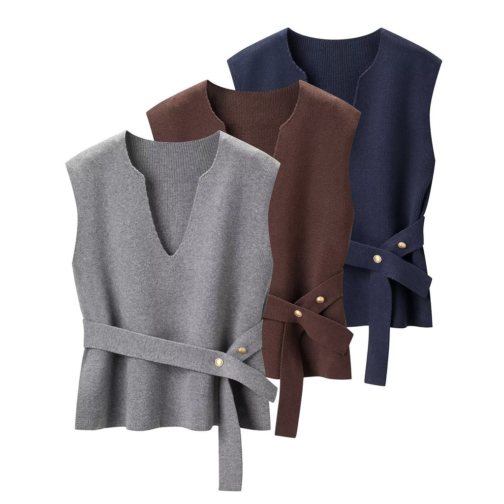 Knitted sleeveless vest with waistband decoration