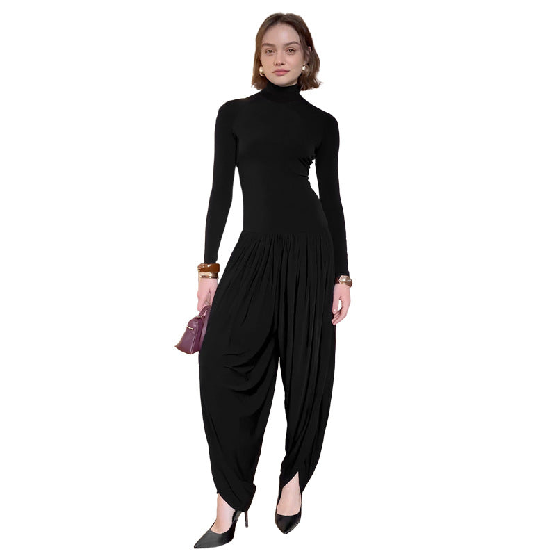 Style street fashion creative high-neck long sleeve gathered patchwork jumpsuit for women