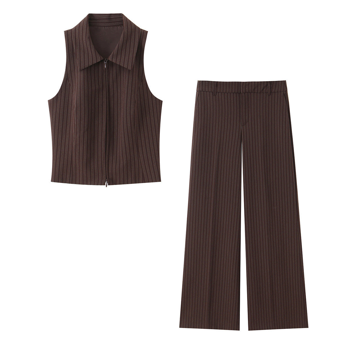 Zipper striped vest+flared pants set
