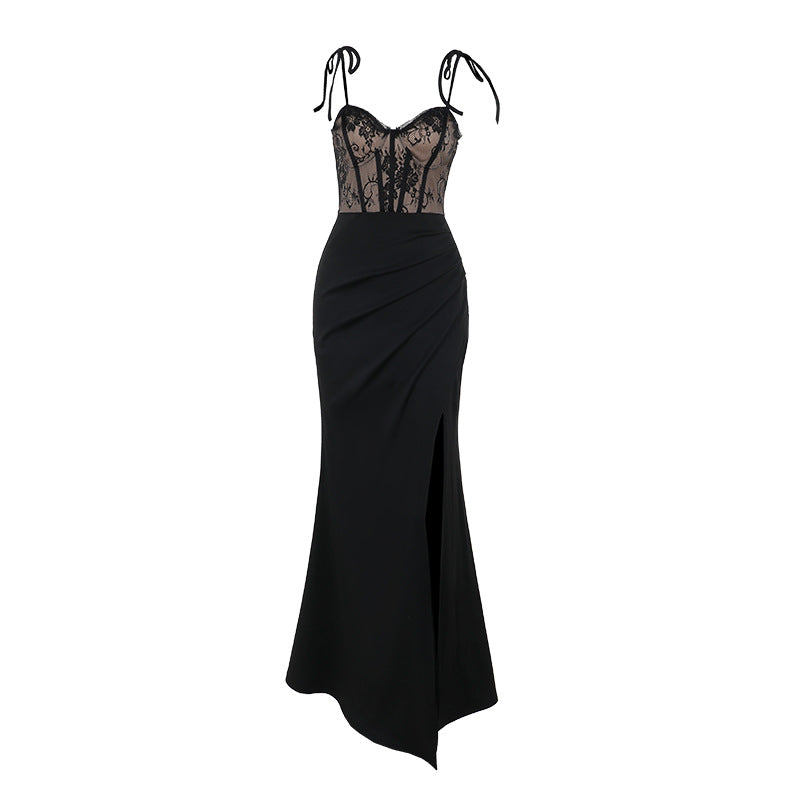Asana Strap lace patchwork slit dress