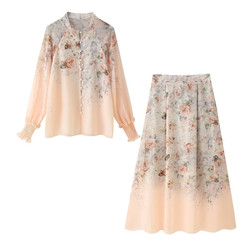 Lydia Flower print long sleeved shirt+skirt set