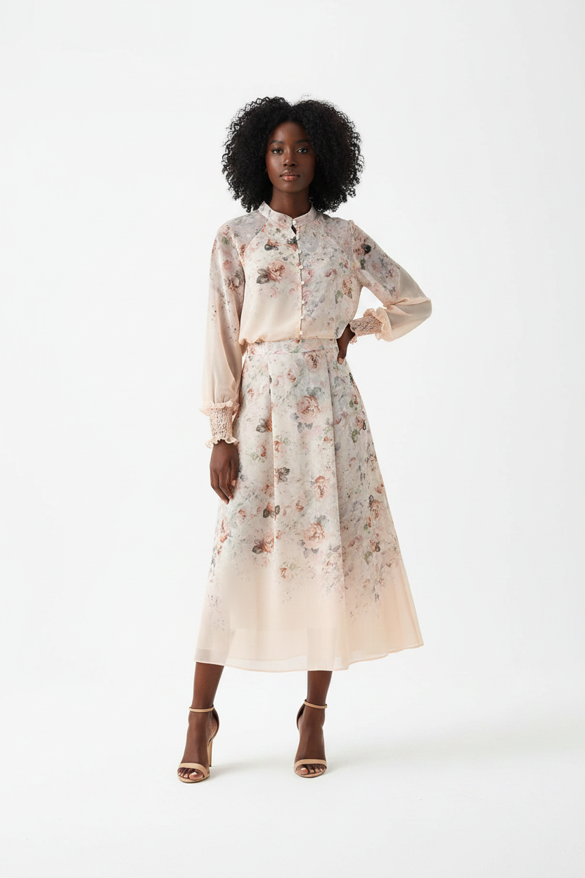 Lydia Flower print long sleeved shirt+skirt set