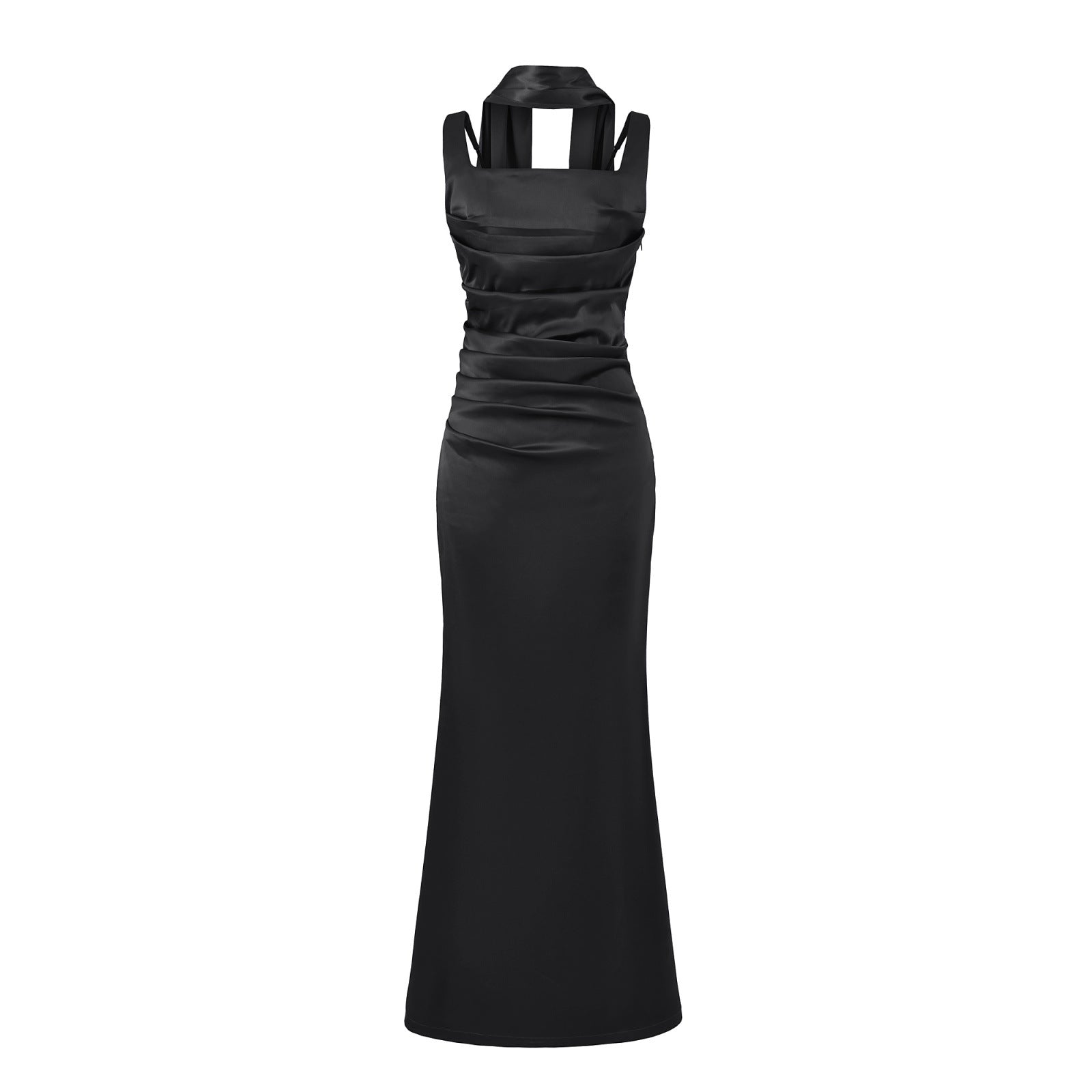 "Elegant Ruched Pink Satin Midi Dress"