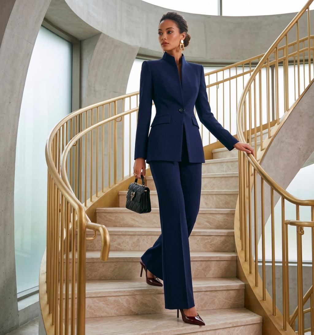 Solid color pocket one button small suit+long suit pants two-piece set