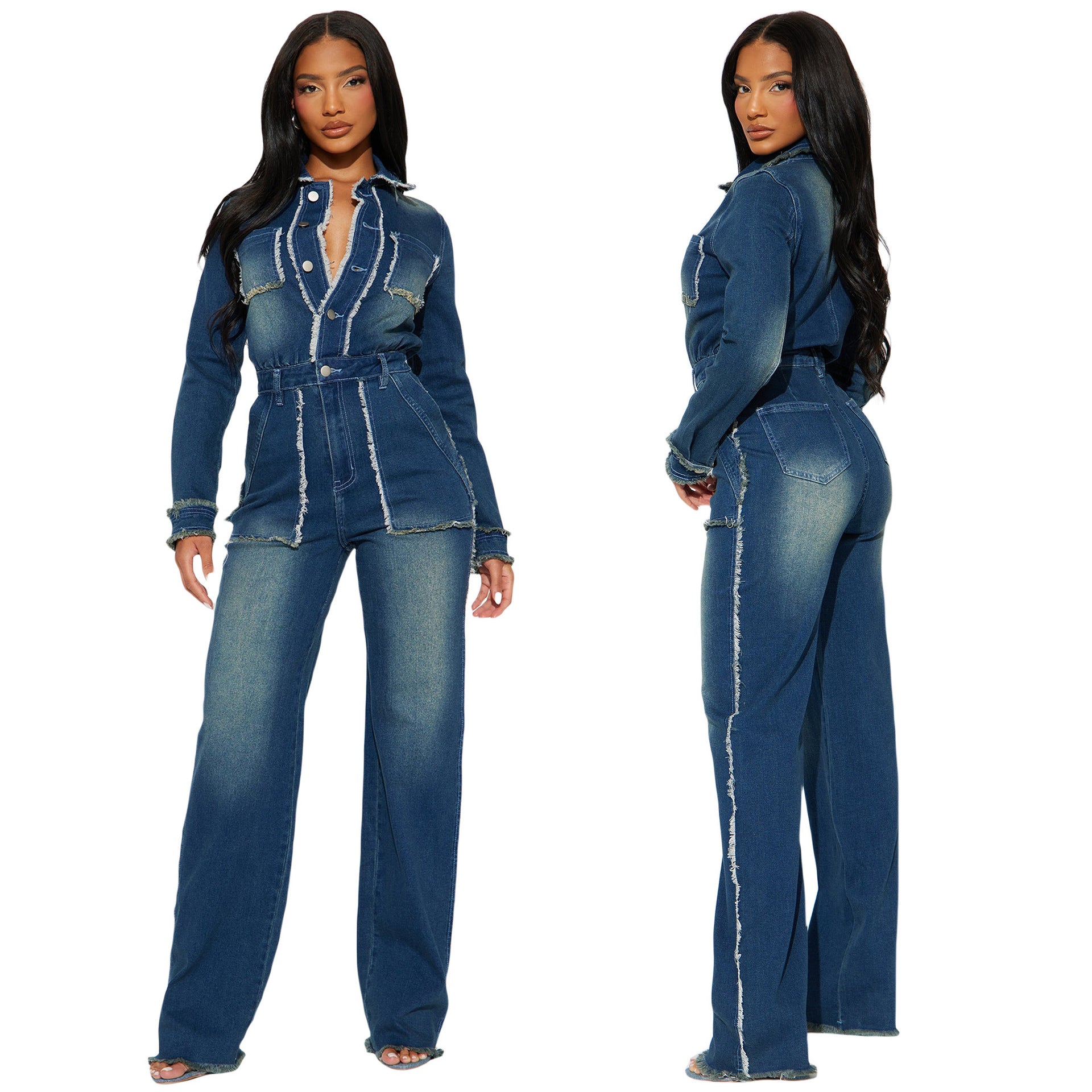 Slim fit elastic trumpet long sleeved denim jumpsuit