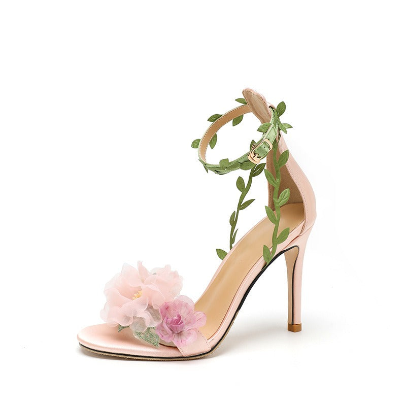 Emily Pink pastoral chiffon flower fantasy high heels one-line vine strap sandals