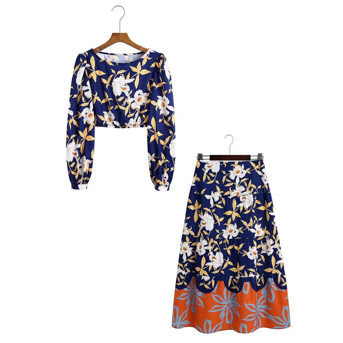 Navy Floral Long-Sleeve Crop & Tiered Midi Set