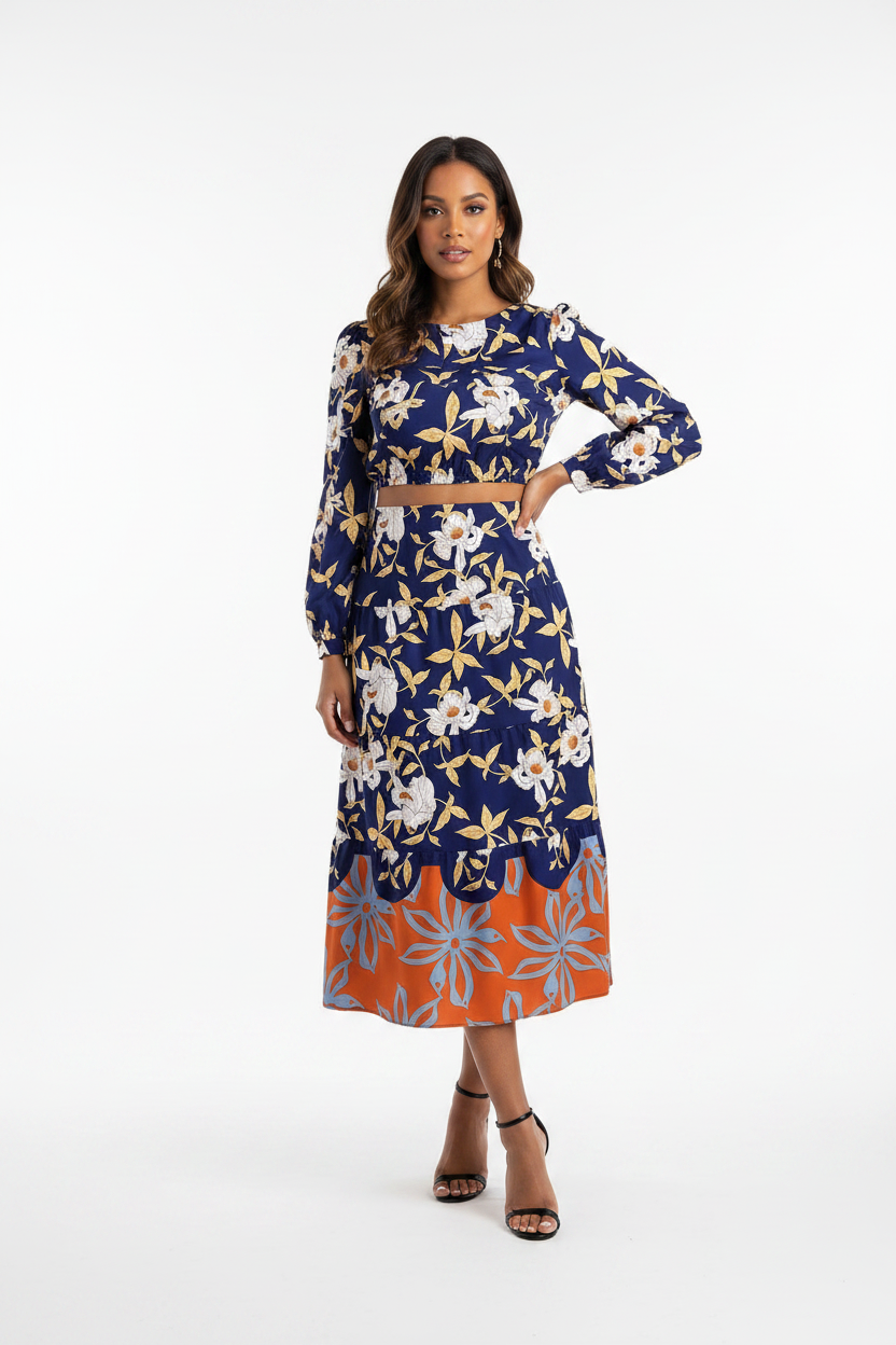 Navy Floral Long-Sleeve Crop & Tiered Midi Set