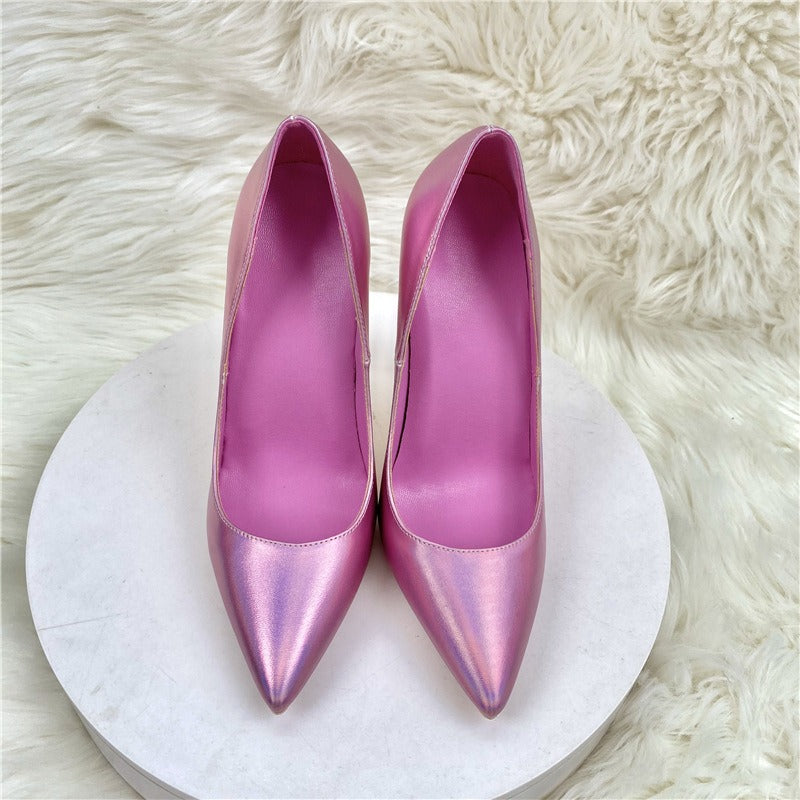 Pink matte sheepskin high heels, women's thin heeled pointed thin heeled shallow cut single shoes