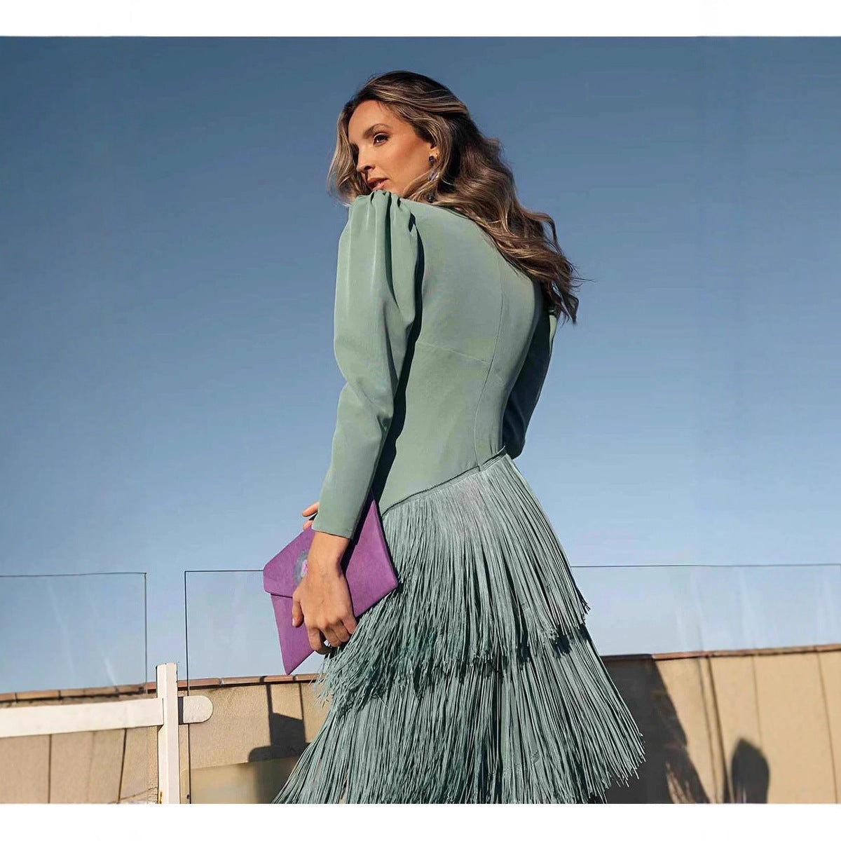 Deep V-fringe slim fit pants set