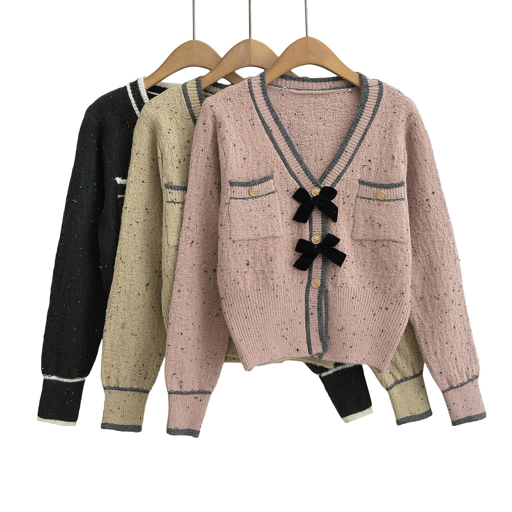 Dora ribbon bow V-neck long sleeved sweater