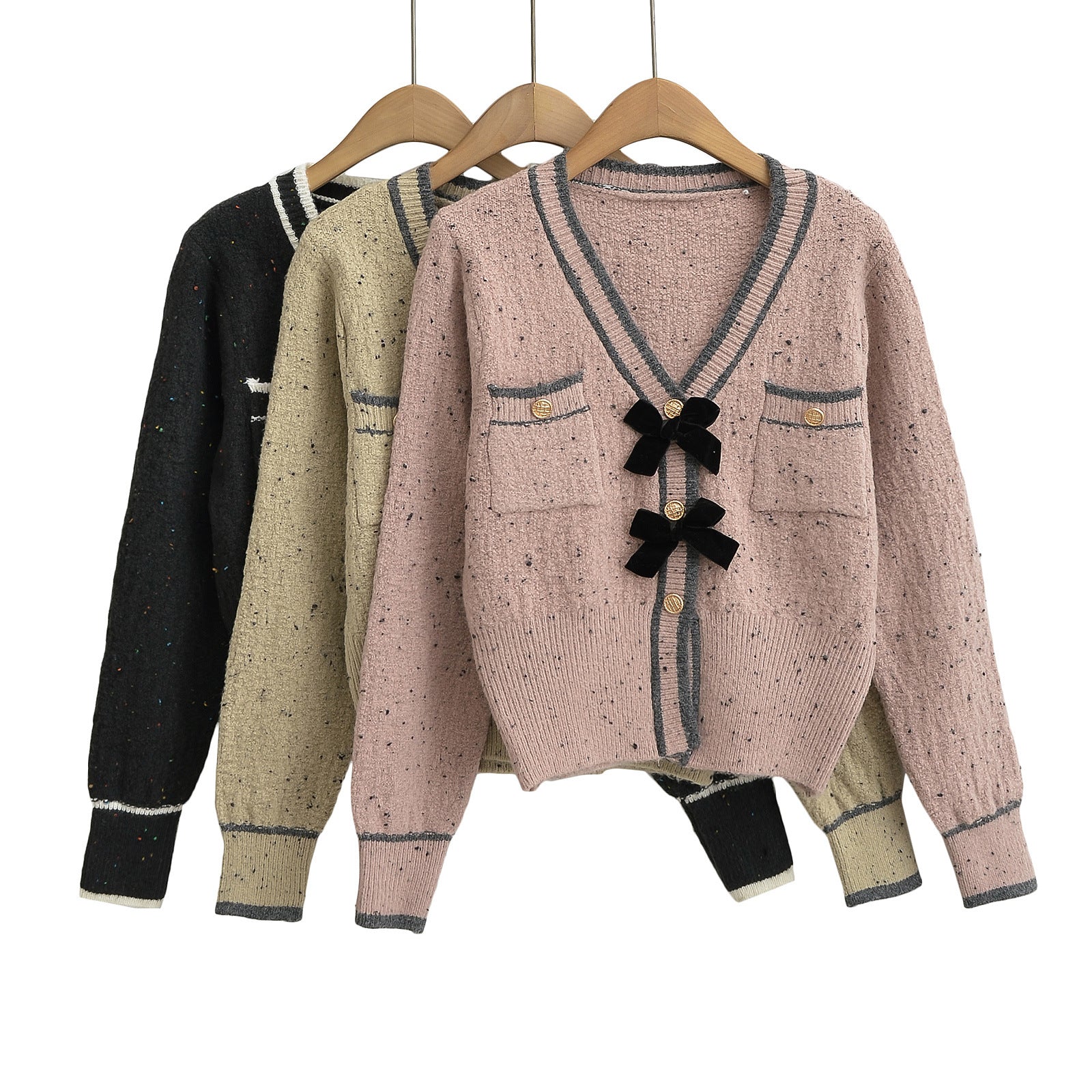 Slim fit color blocked ribbon bow V-neck long sleeved sweater